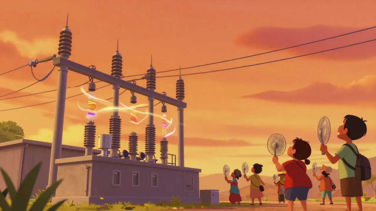Electrical infrastructure straining under summer heat haze with citizens fanning nearby.