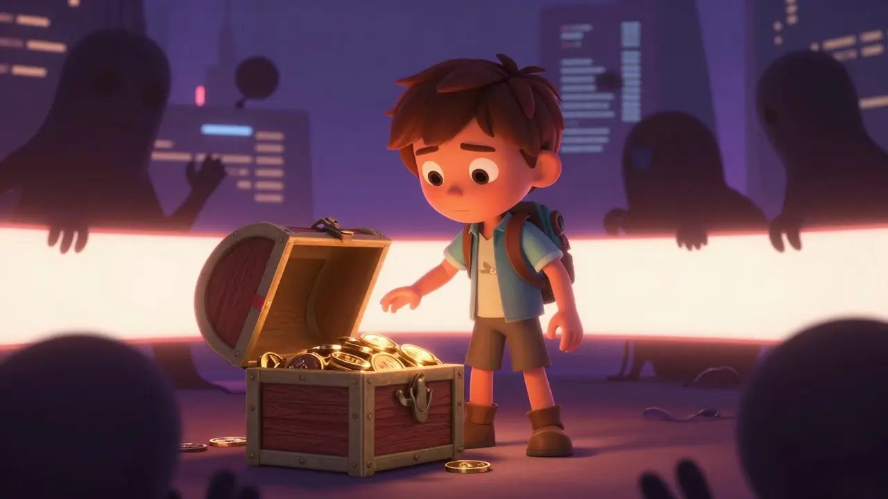 Explorer protecting treasure chest from shadowy figures in cartoon style.