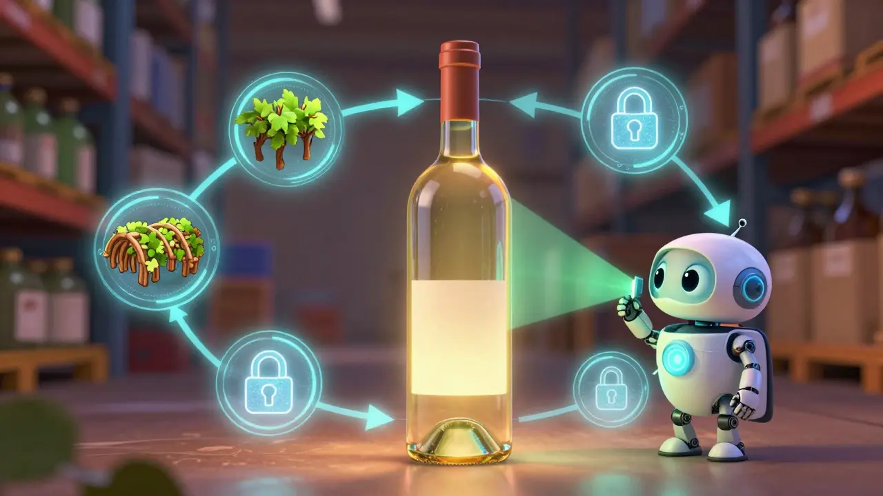 Friendly robot scanning wine bottle in magical supply chain visualization