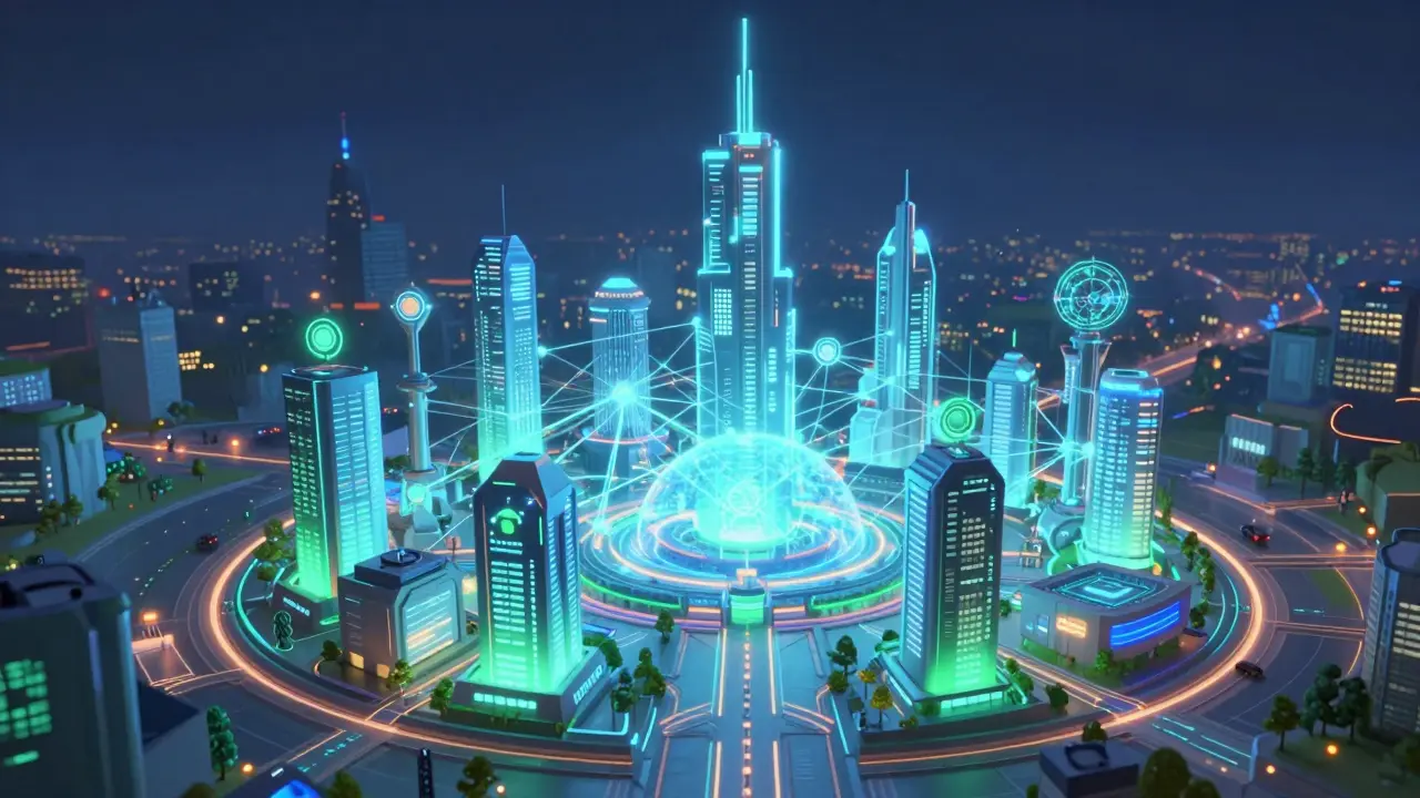 Futuristic network of interconnected glowing financial structures.