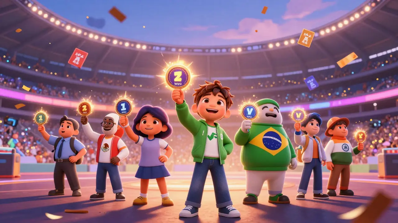 Global fans on a digital leaderboard earning NFT badges through VCF tokens under a glowing Mestalla Stadium.