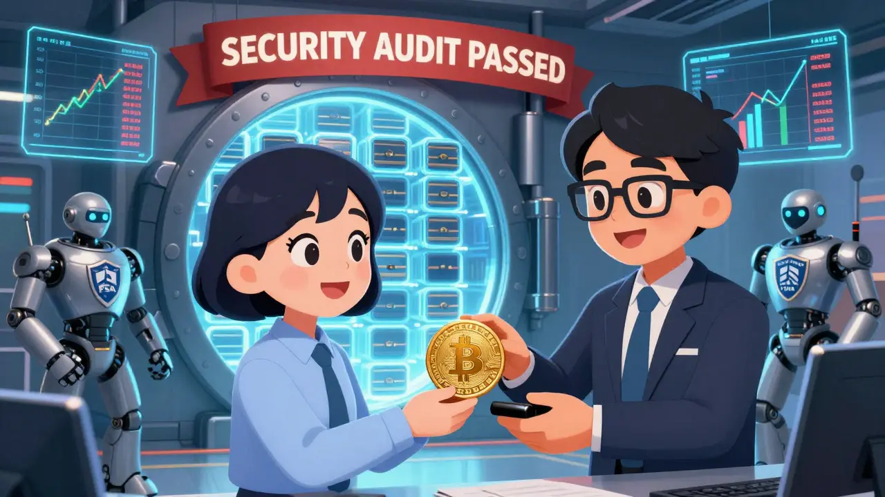Inside a high-tech crypto vault, a compliance officer stamps a Bitcoin token with a secure FIEA seal.