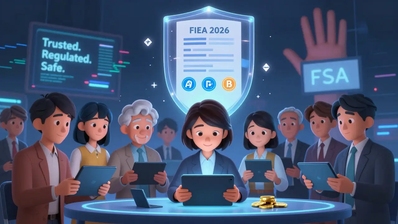 Japanese citizens trading regulated Bitcoin ETFs under a glowing FIEA 2026 legal shield, while unregulated exchanges are blocked.