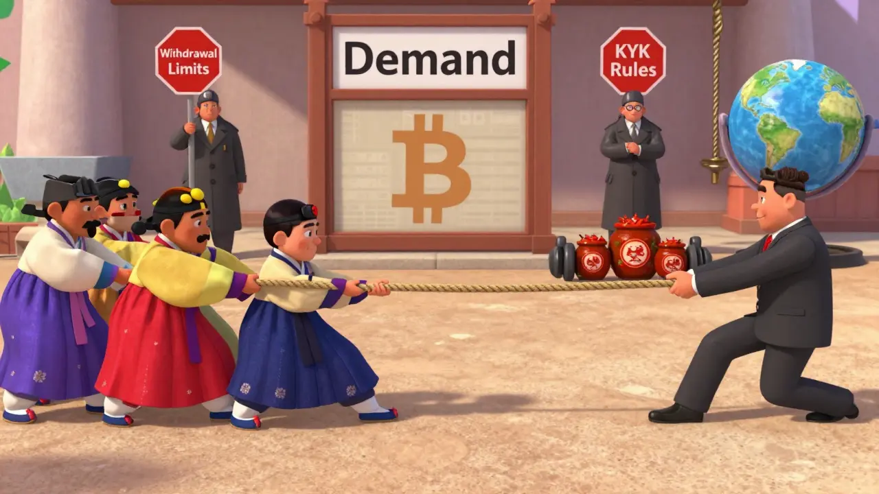 Korean traders tug a Bitcoin rope against global investors, while regulators block the path with signs.