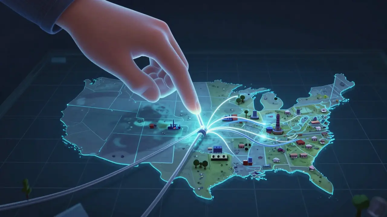 Metaphorical hand controlling power distribution between industry and residential areas.
