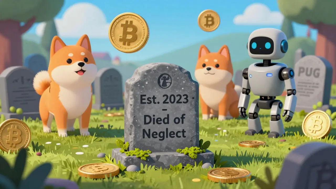 PUG AI's gravestone in a crypto graveyard, overshadowed by thriving meme coins in the distance.