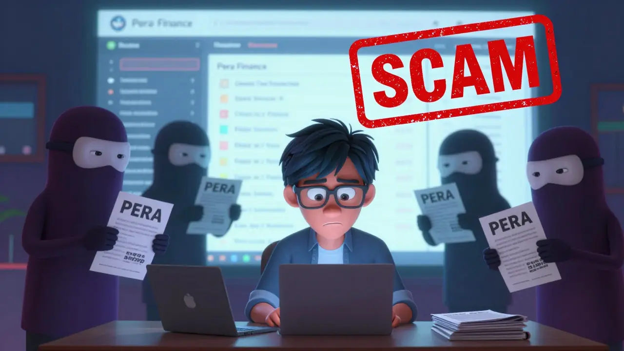 Scammers tricking a user with fake PERA airdrop flyers while a legitimate dashboard glows behind them.