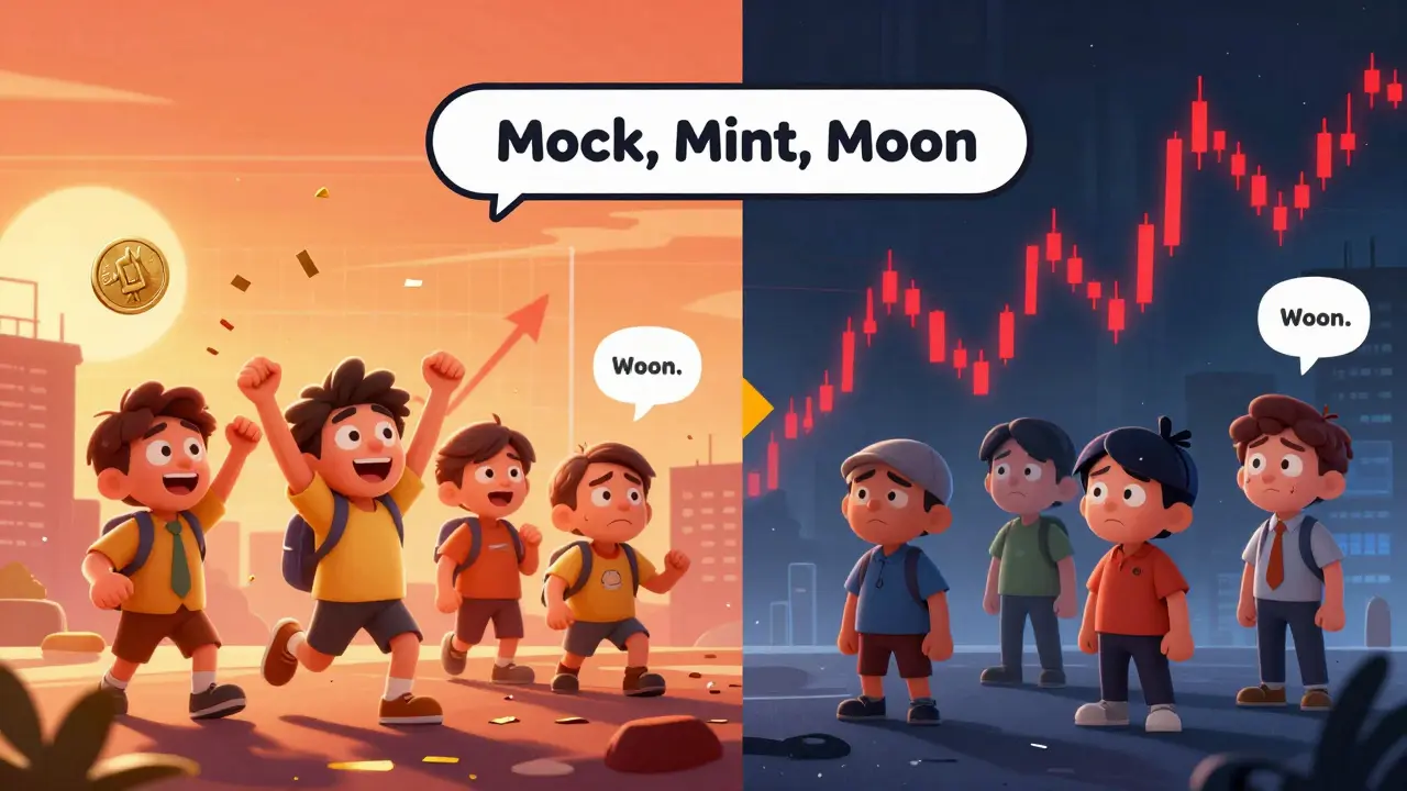Split view showing highs and lows of volatile meme coin market