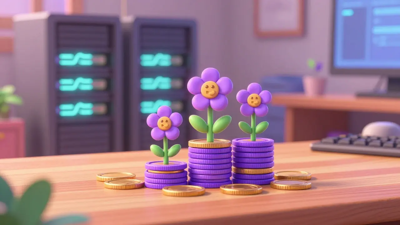 Stack of coins growing small flowers on desk near server towers