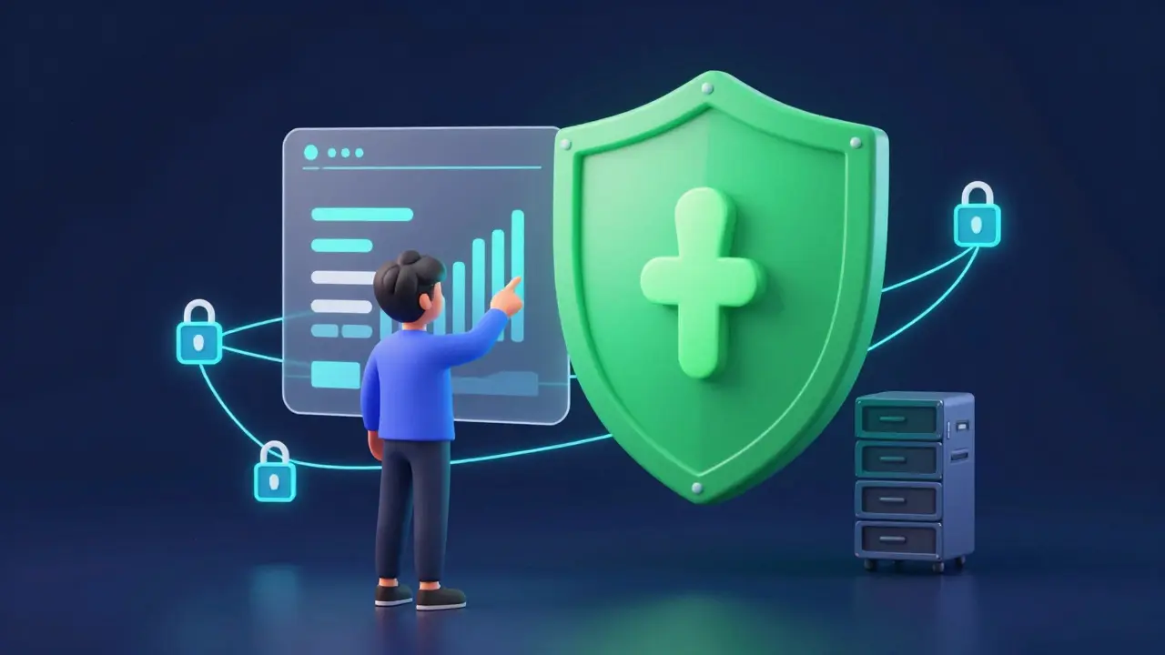 User checking holographic transaction screen with green shield security icon