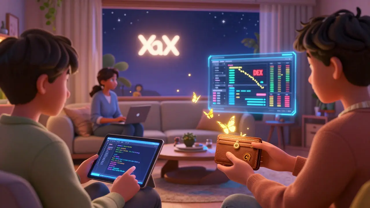 Users receiving golden butterfly rewards of XAH in a cozy high-tech living room.