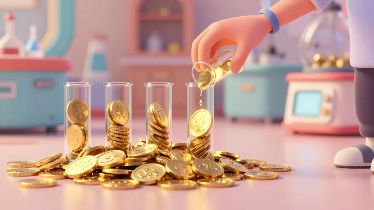 A 3D character organizing glowing coins into precise glass containers to represent concentrated liquidity.