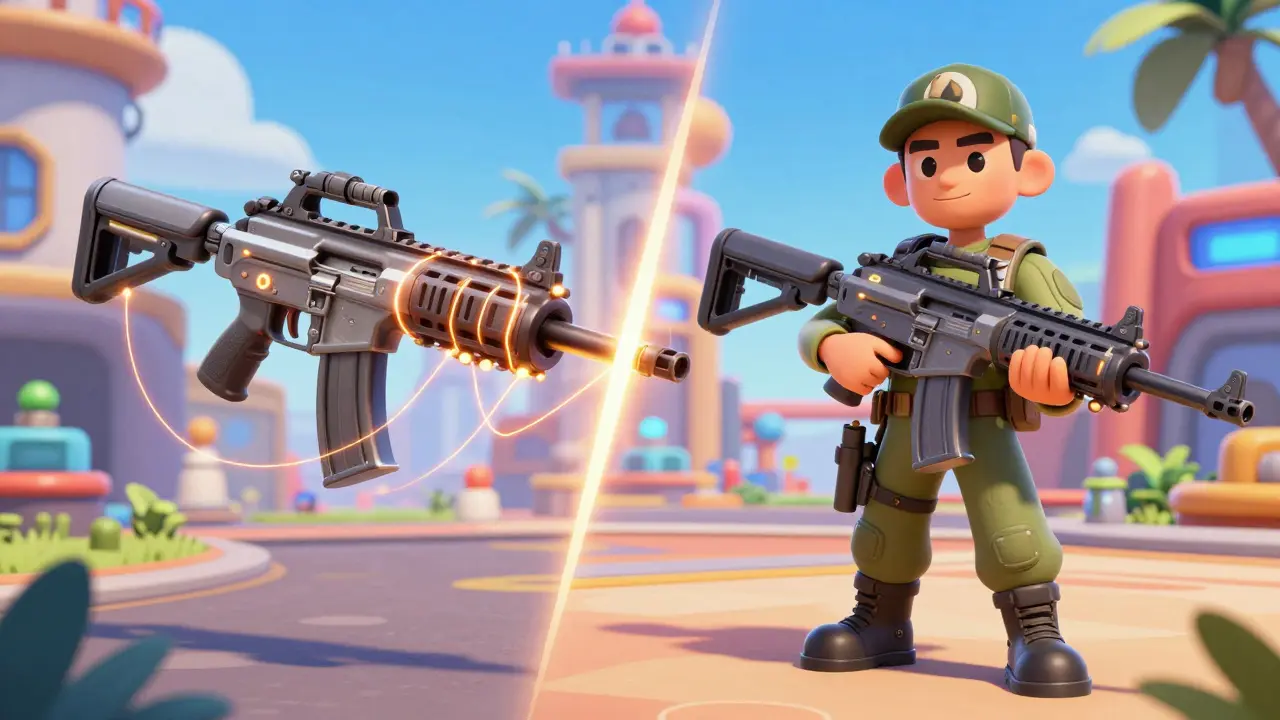 A 3D firearm being animated and then appearing in a stylized game world