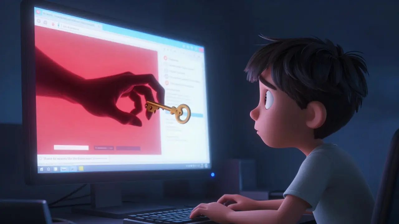 A character almost losing their digital key to a shadowy hand emerging from a scam website