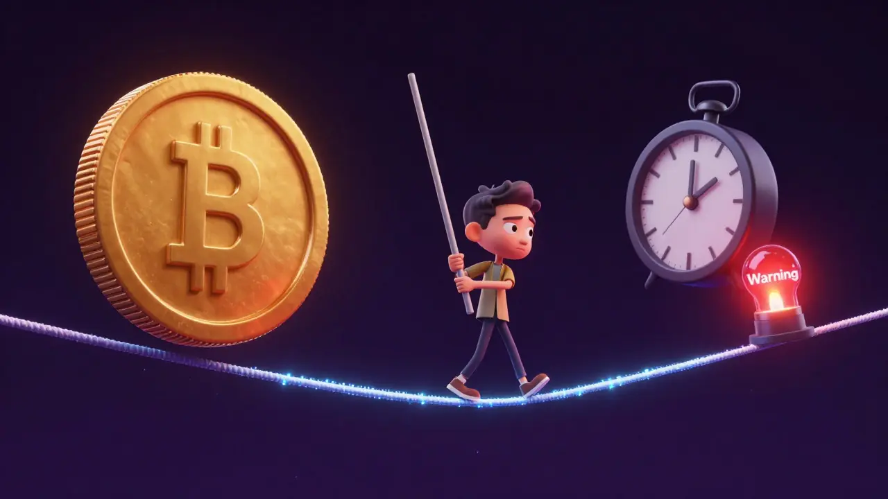 A character balancing on a digital tightrope between stability and high-risk leverage.