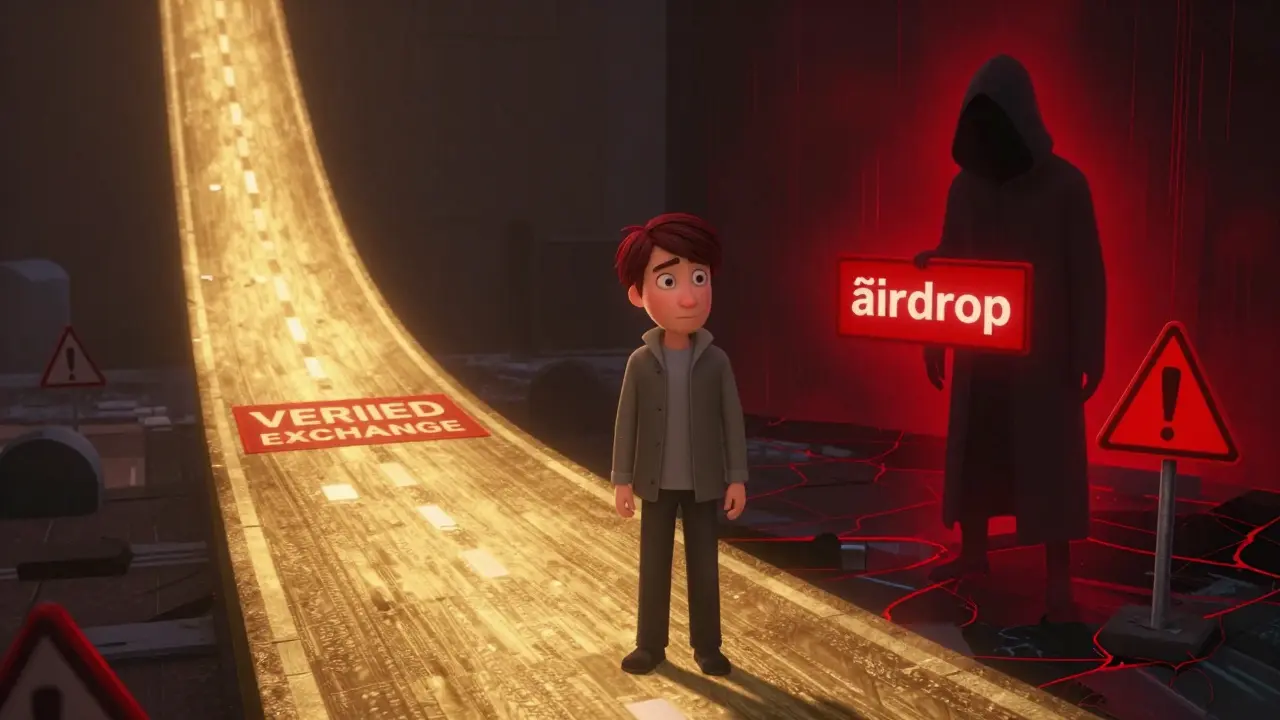 A character choosing between a safe verified path and a dangerous scam path in a digital world.