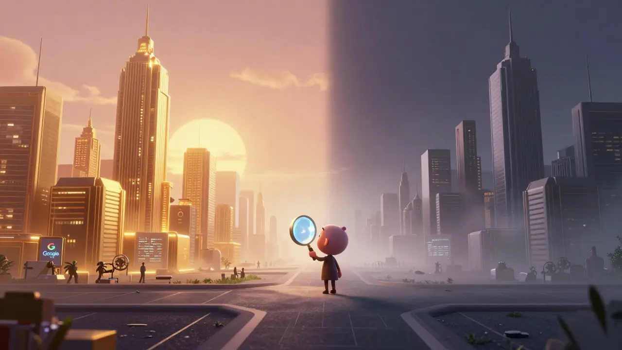 A character examining a misty, futuristic city representing a tech project's evolution.