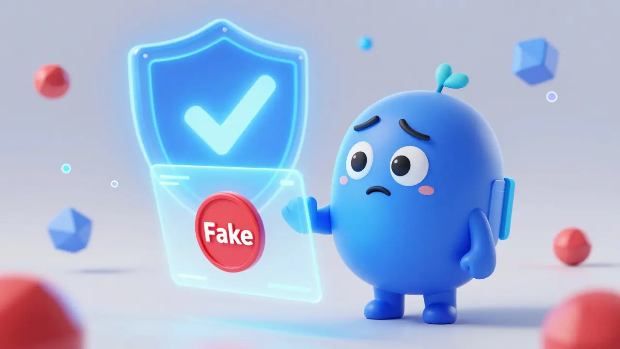 A character looking at a holographic wallet with a red security warning and a protective blue shield