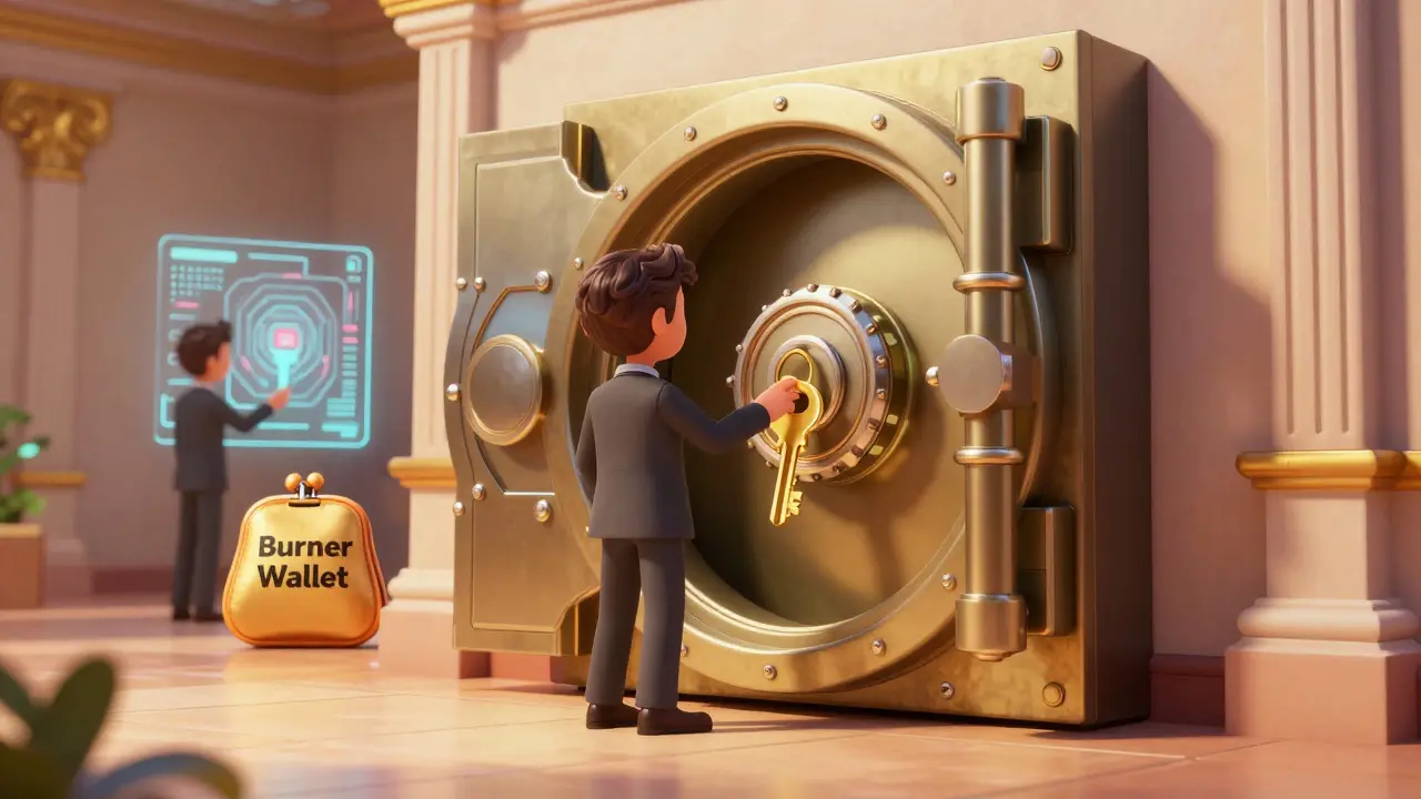 A character securely storing their private key in a futuristic hardware wallet