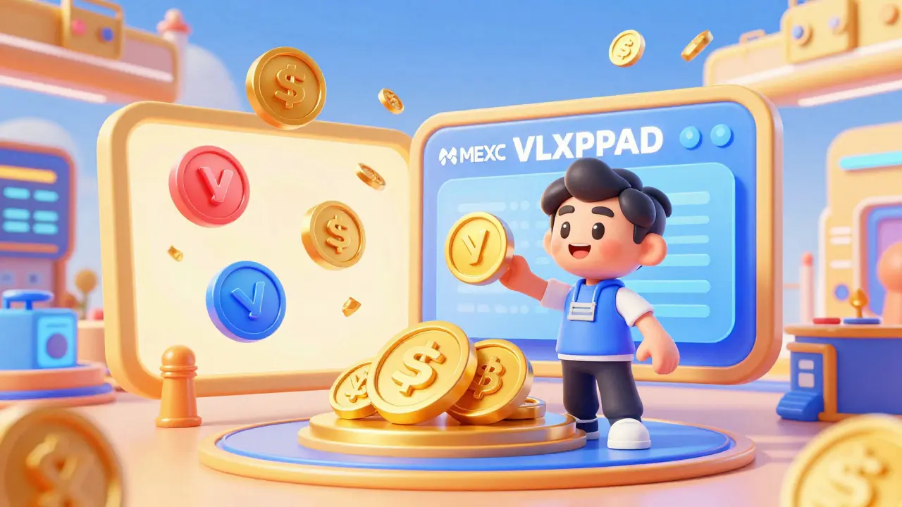 A cheerful character receiving gold VLXPAD tokens on a futuristic exchange interface.