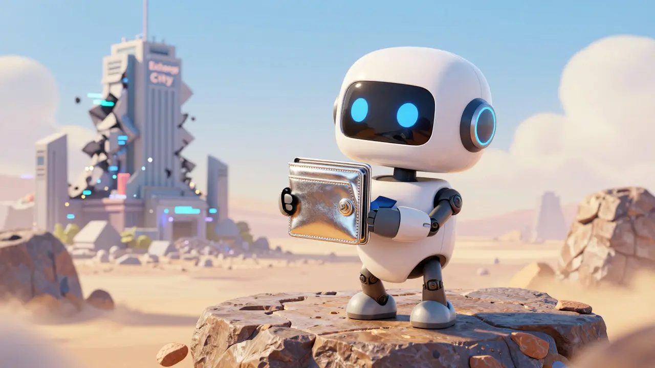 A cute robot holding a hardware wallet safely while a digital city crumbles in the distance.