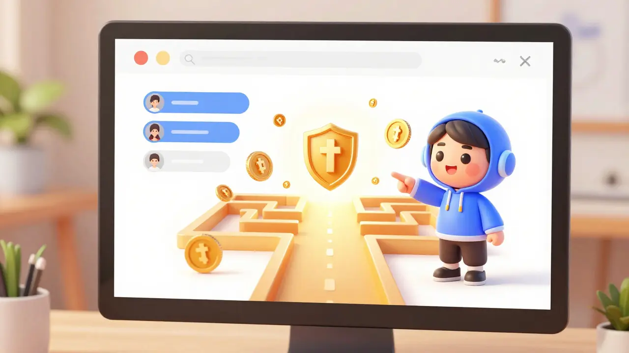 A friendly AI assistant guiding a user through a digital maze of cryptocurrency coins.