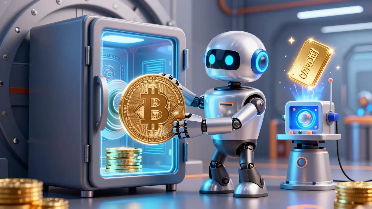 A friendly robot placing a Bitcoin in a secure vault while minting a glowing wrapped token.