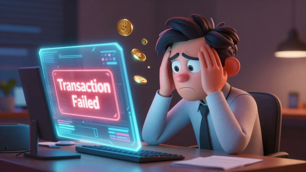 A frustrated trader facing a failed transaction on a holographic screen.