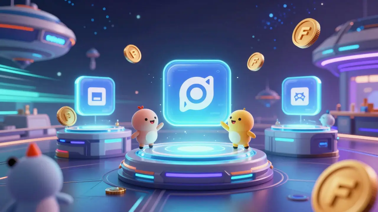 A futuristic digital marketplace showing floating app icons and FUSION tokens being traded