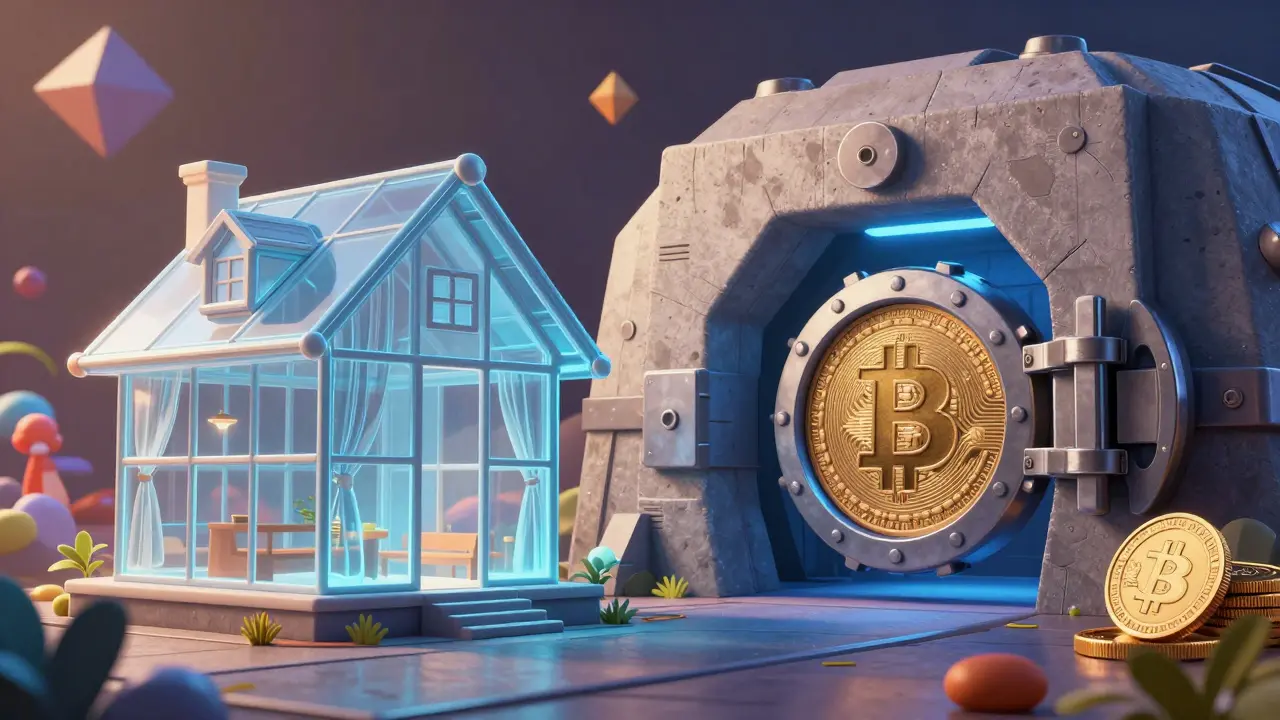 A glass house with curtains next to a heavy concrete bunker, symbolizing different crypto privacy models.