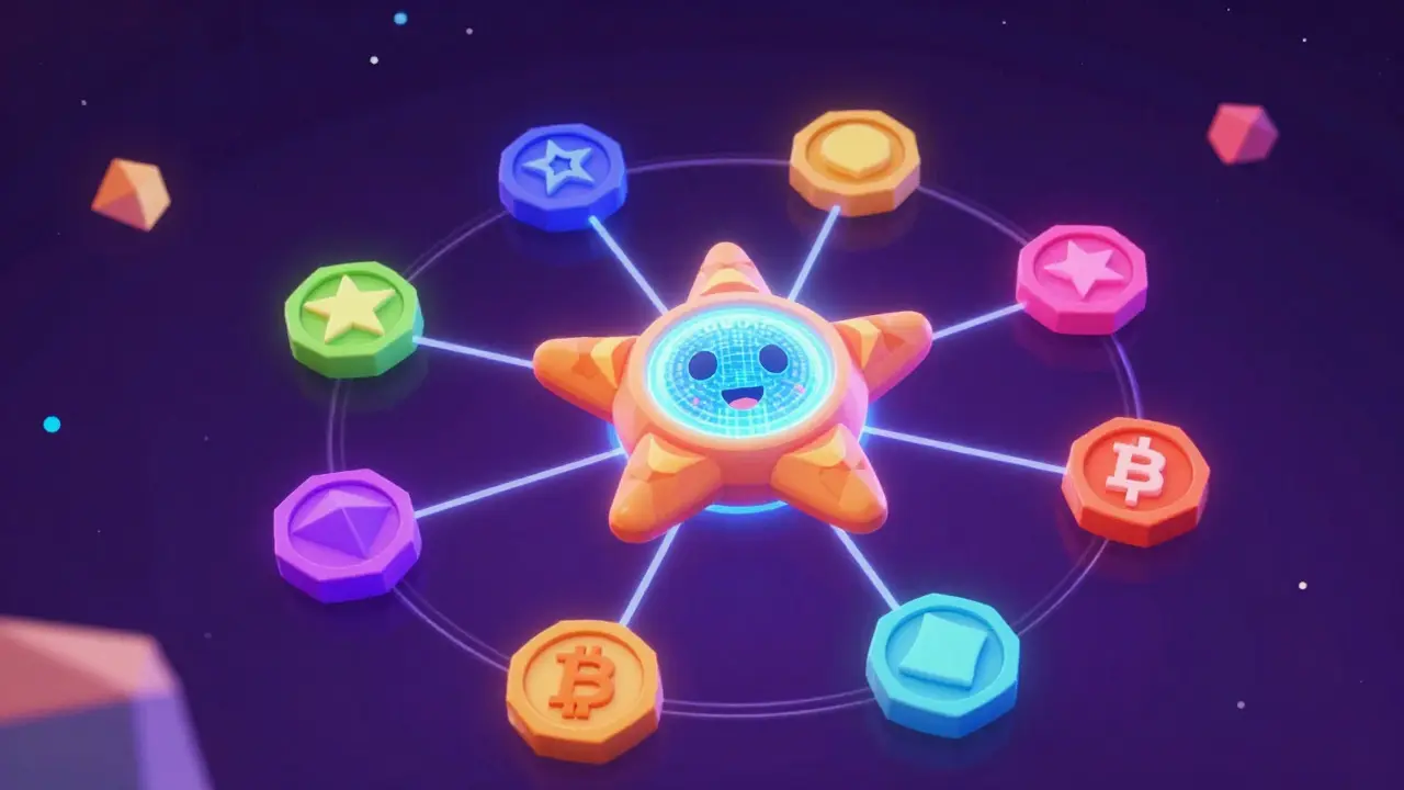 A glowing central RADIO token connecting other crypto assets in a starfish network.