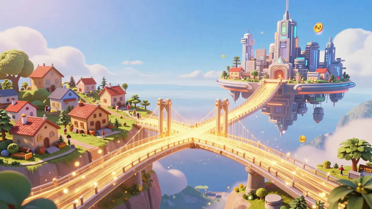 A glowing golden digital bridge connecting a simple village to a high-tech floating city.