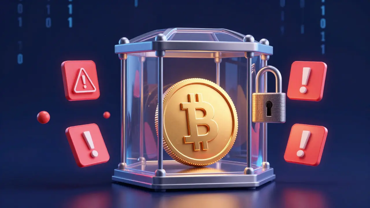 A golden crypto coin locked inside a high-tech glass cage with red warning signs.