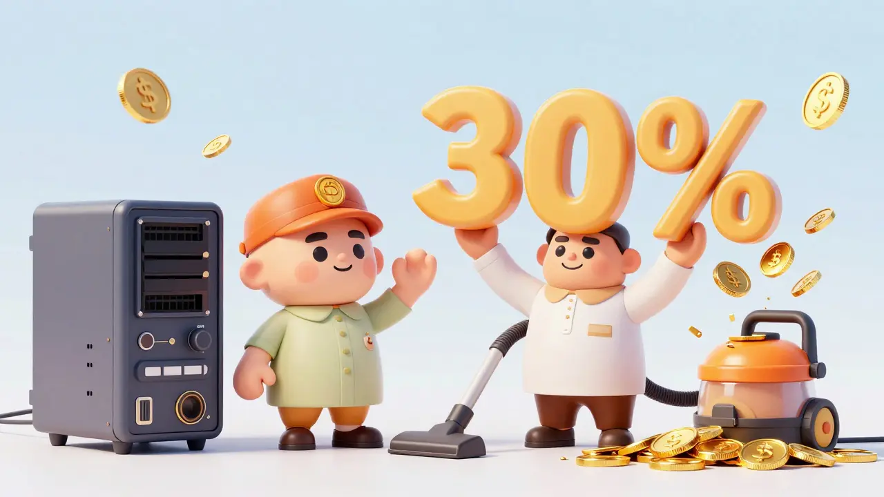 A government official taking a 30% tax cut from digital coins next to a mining rig.