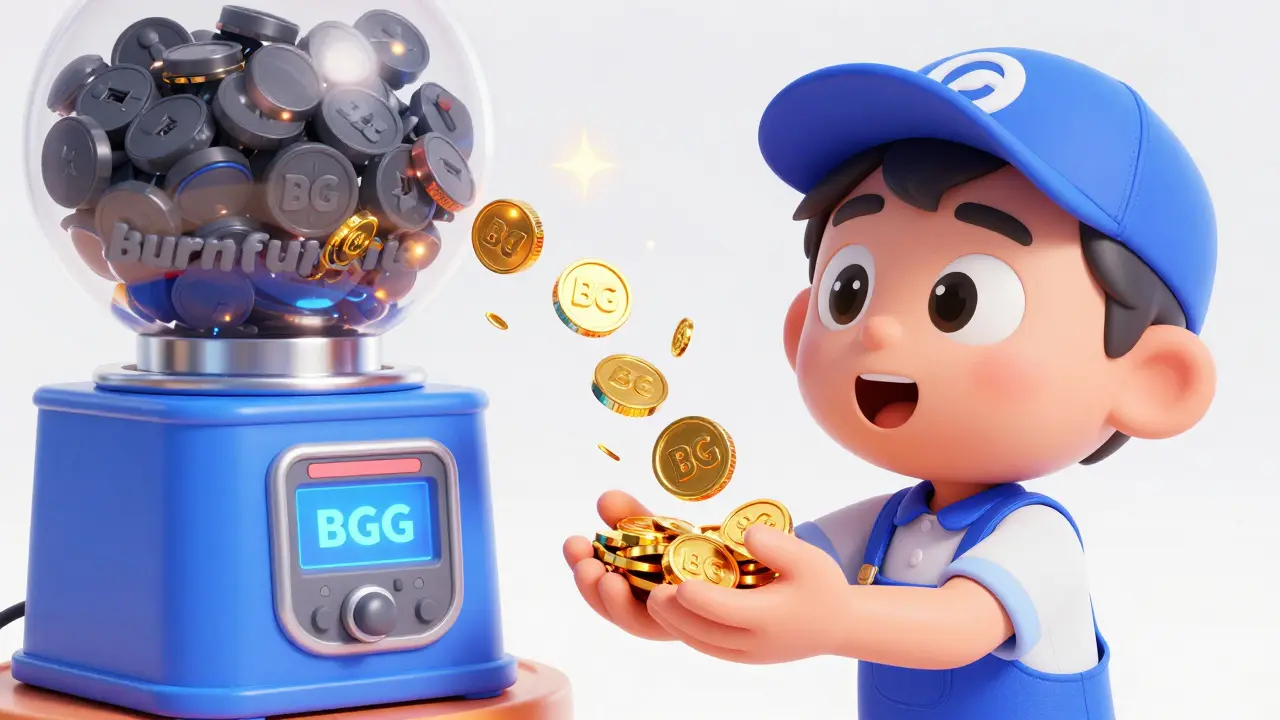 A happy character receiving golden BGG tokens from a futuristic digital machine.