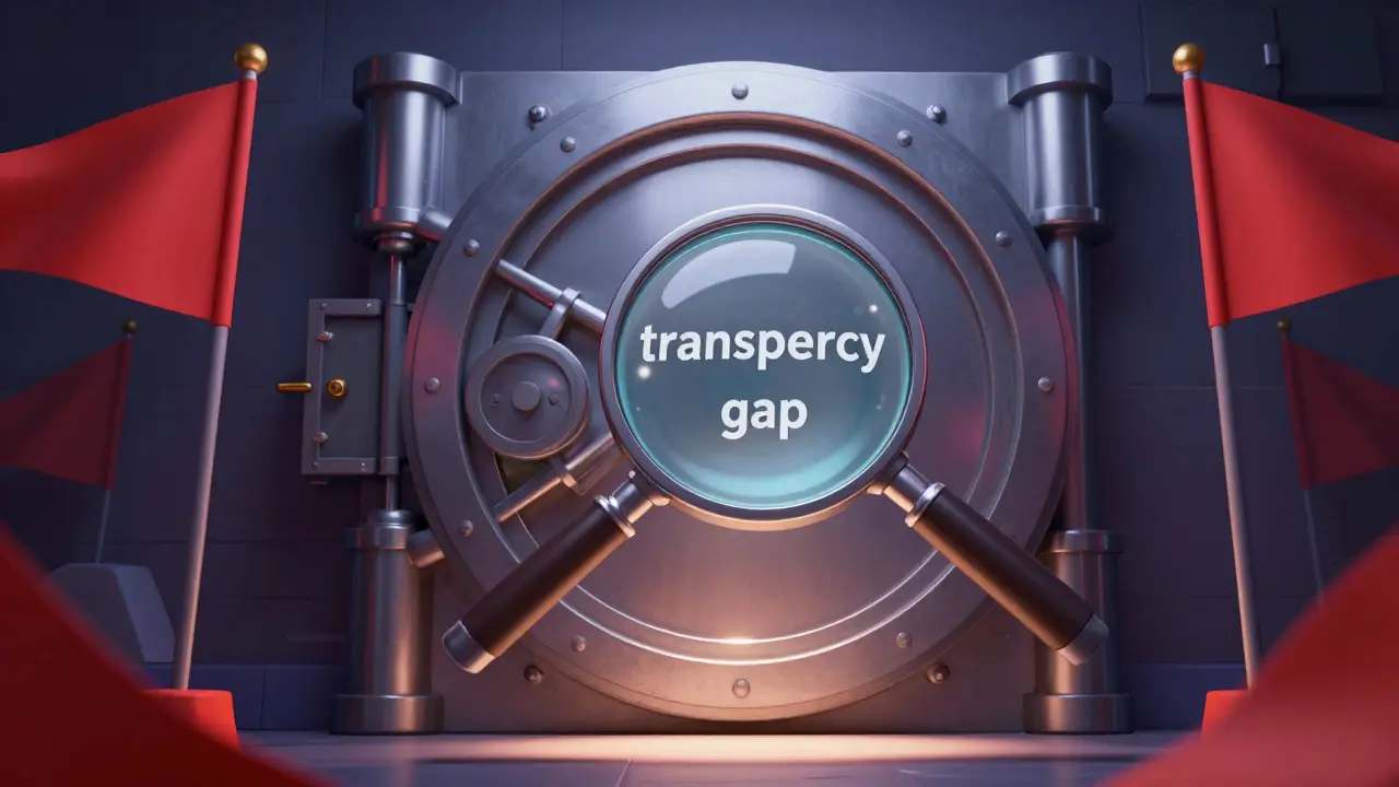 A locked metallic vault with red warning flags and a magnifying glass.