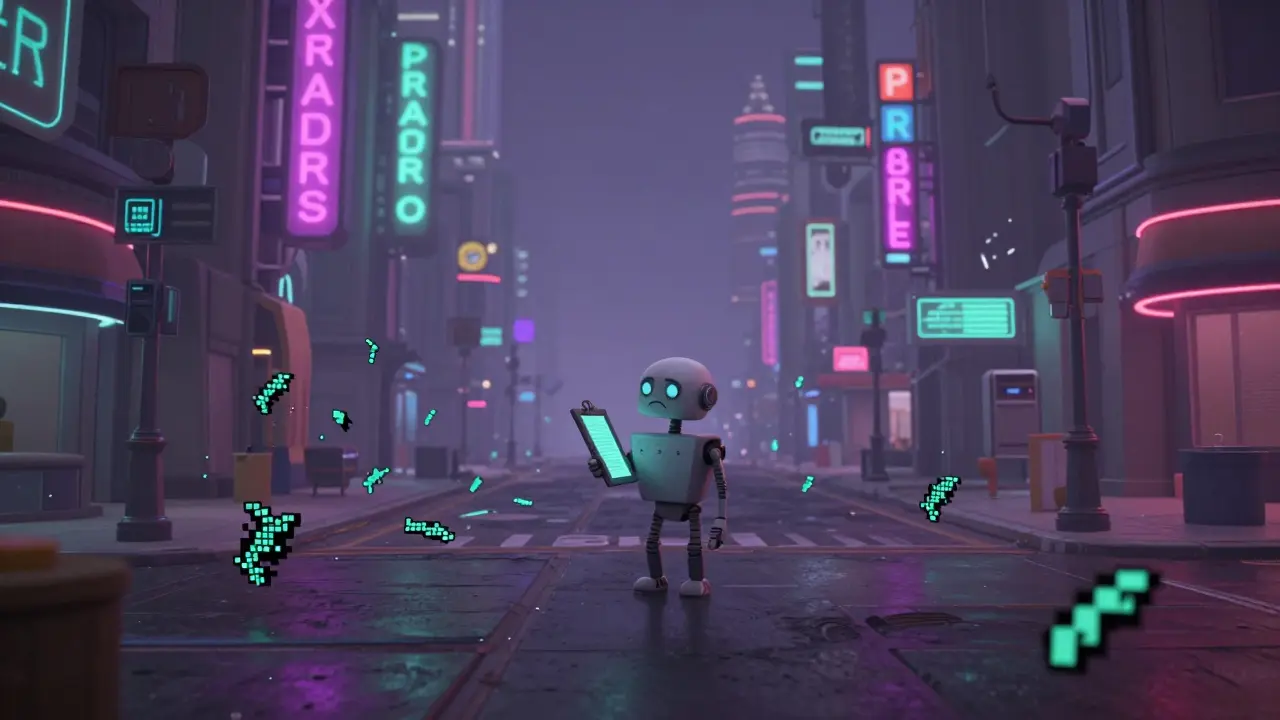A lonely robot in a deserted, futuristic digital city with flickering neon signs.