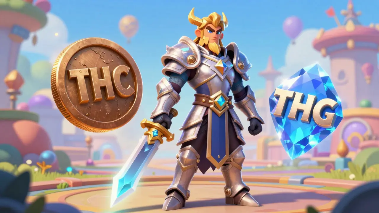A mythical warrior hero standing next to a metallic THC coin and a crystalline THG gem