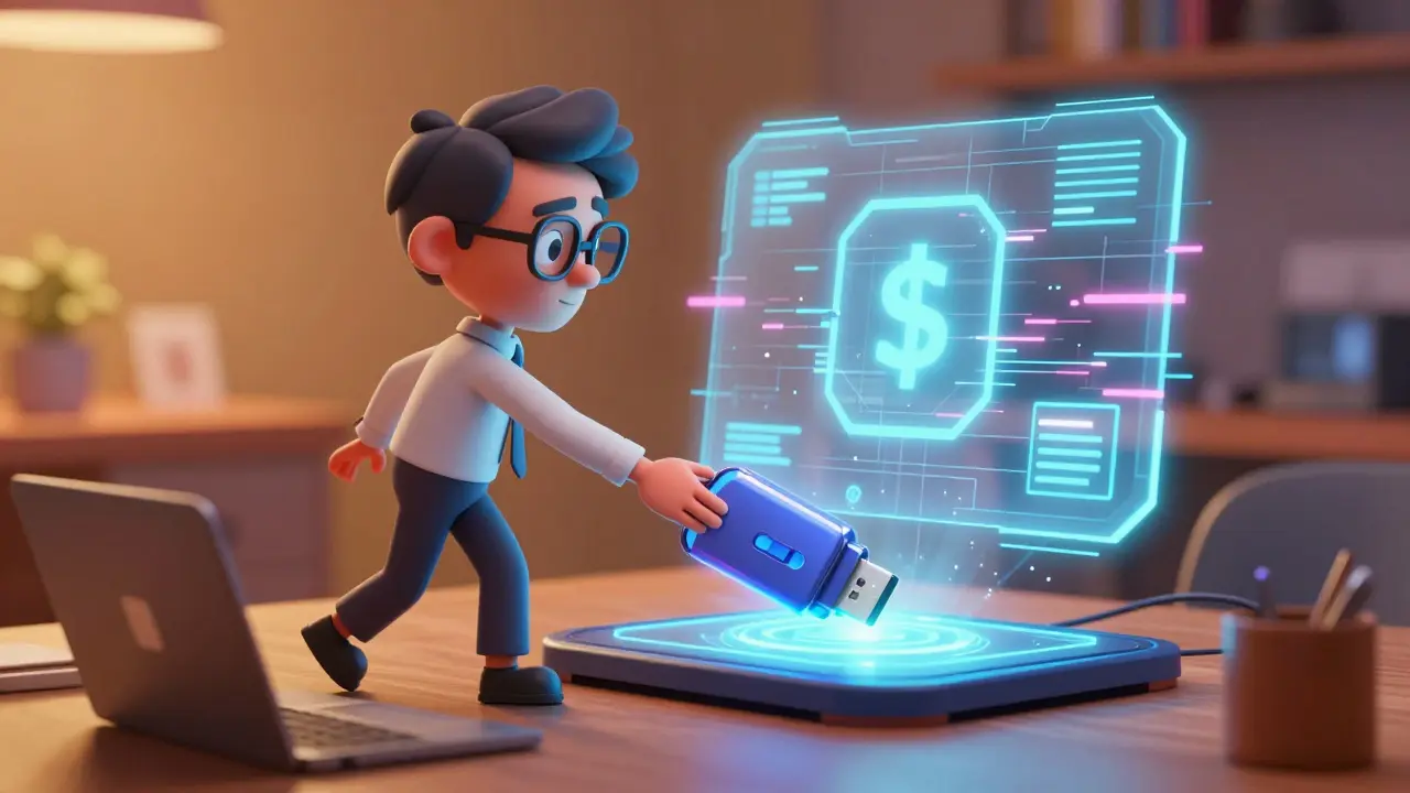 A person transferring digital assets into a secure physical cold wallet device.