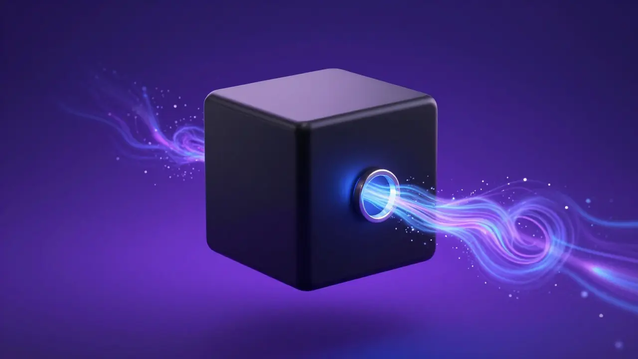 A sleek black cube obfuscating streams of glowing light to represent privacy coin anonymity.