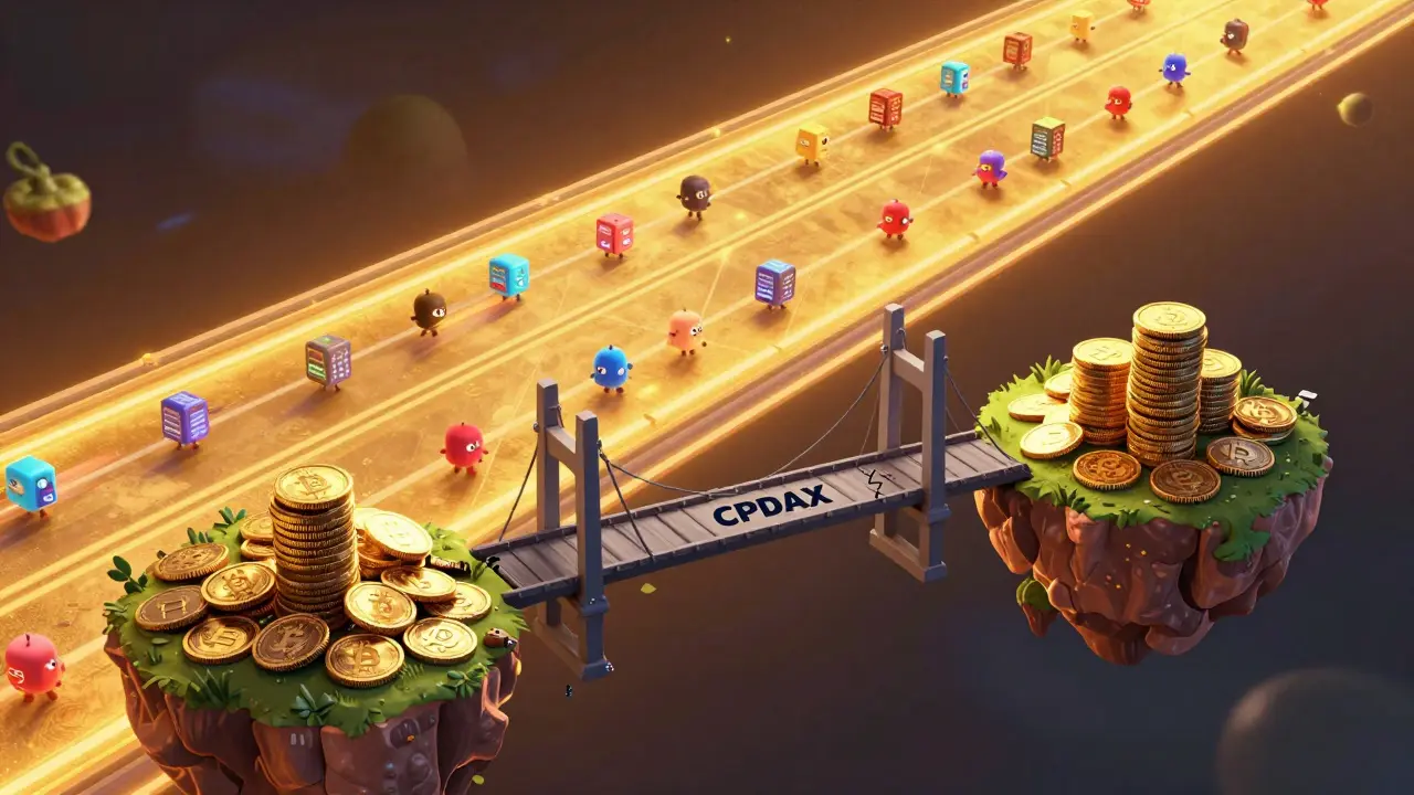 A small, shaky digital bridge contrasted with a massive, glowing golden cryptocurrency highway.
