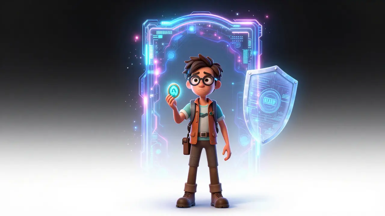 A stylized explorer holding a glowing PHAR token before a mysterious digital portal in a white void.