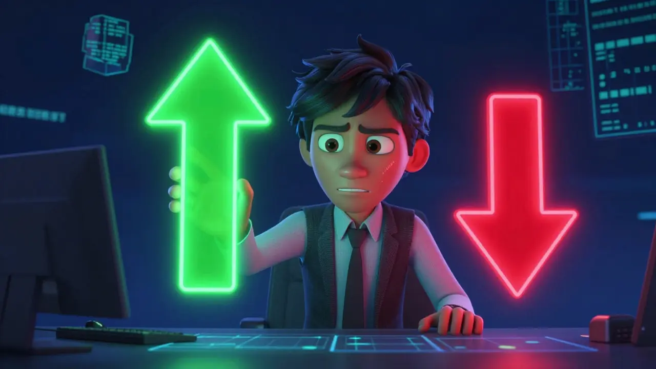 A trader interacting with neon green and red holographic arrows for long and short positions.