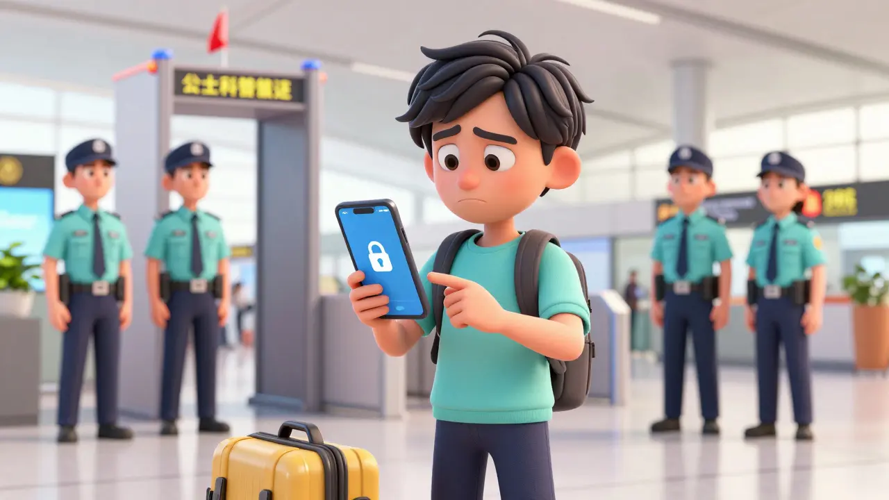 A traveler looking at a frozen crypto wallet app at a modern Chinese airport terminal
