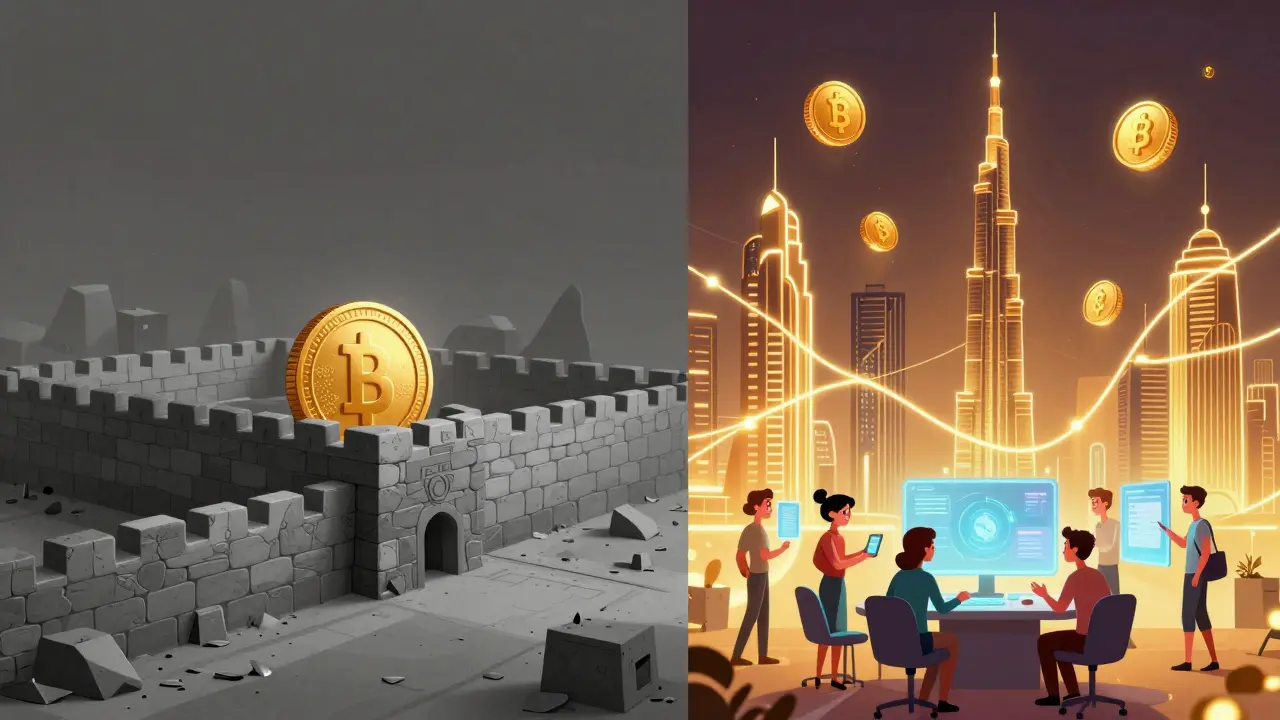 Contrast between a grey walled city and a futuristic glowing city of digital innovation.