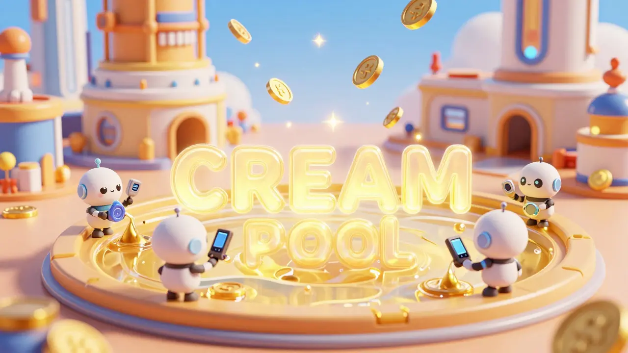 Cute robots mining golden tokens in a shimmering cream pool within a futuristic hub.