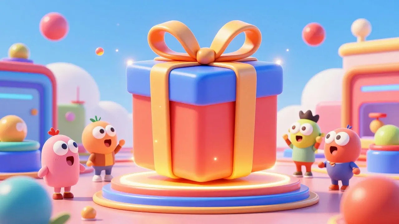 Expressive characters gathered around a glowing, magical blind box reward package.