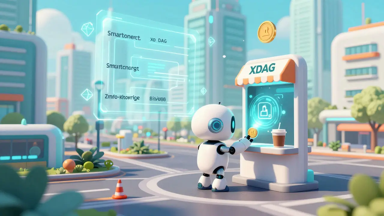 Futuristic city scene showing a robot making a payment with XDAG cryptocurrency