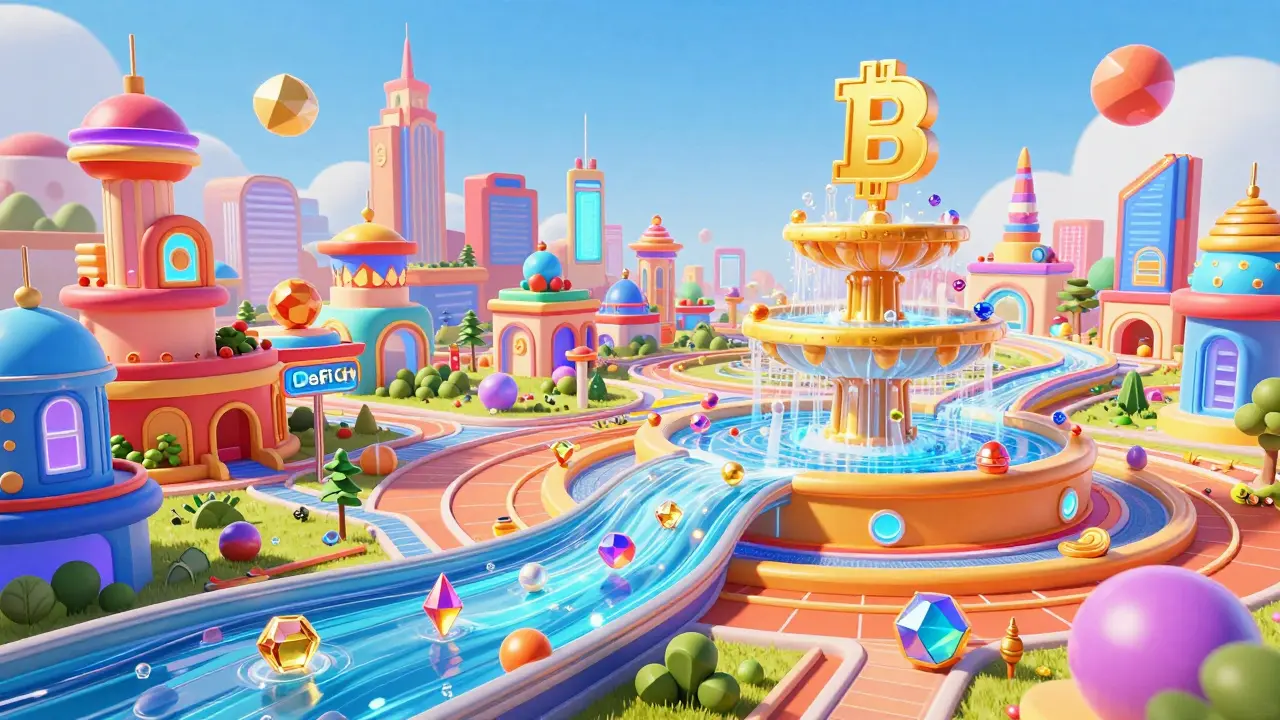 Iridescent wrapped tokens flowing into a golden fountain within a futuristic DeFi city.