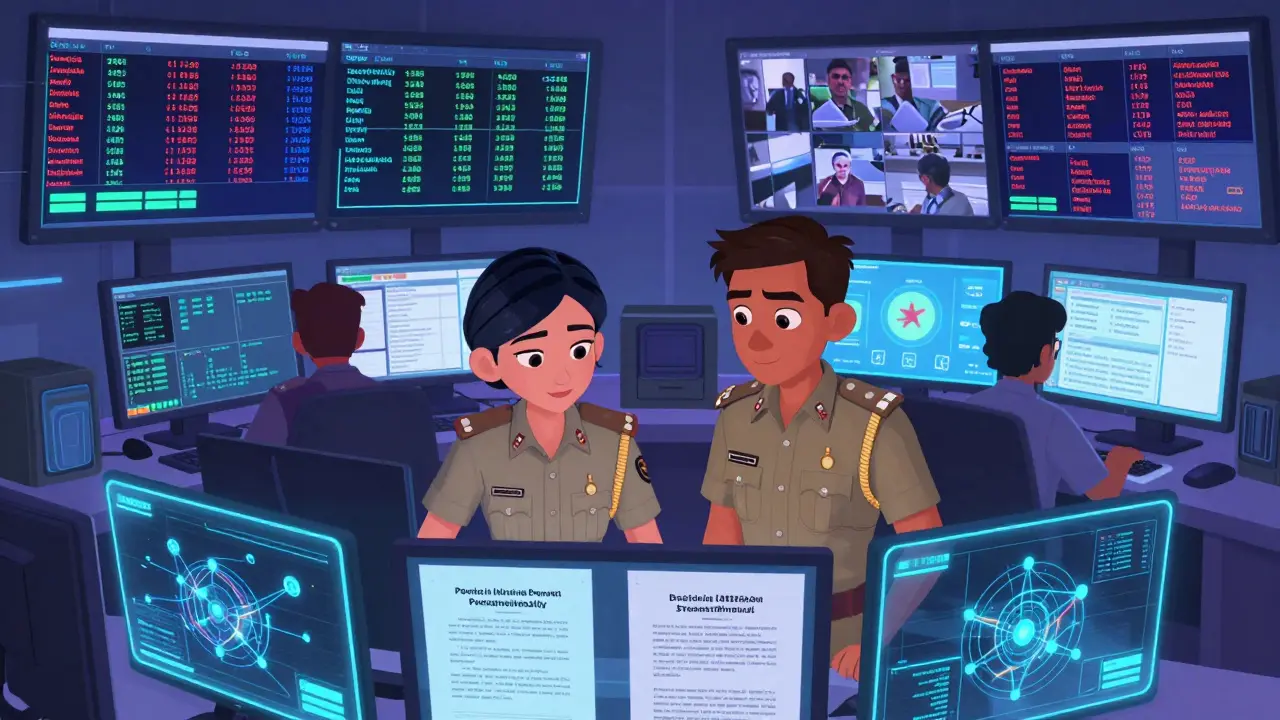 Law enforcement team monitoring cryptocurrency transaction data